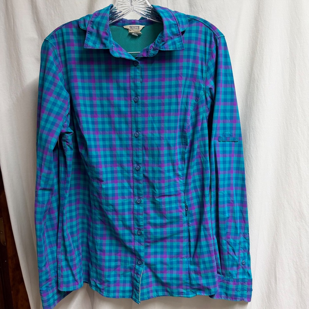Duluth Trading Co Armachillo Plaid Shirt Womens Medium Teal Purple Long Sleeve
